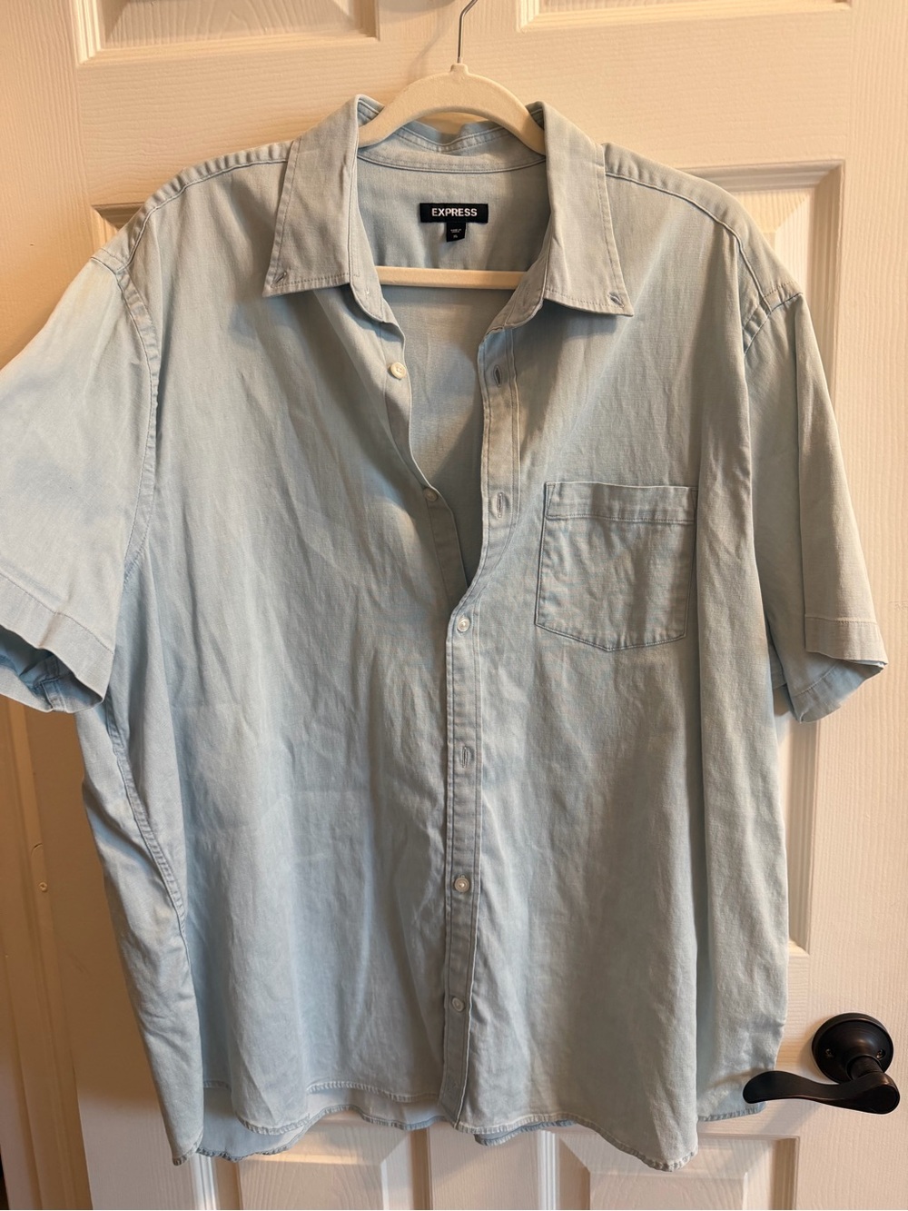 Express Men’s Light Blue Short Sleeve Button-Down Shirt with Chest Pocket